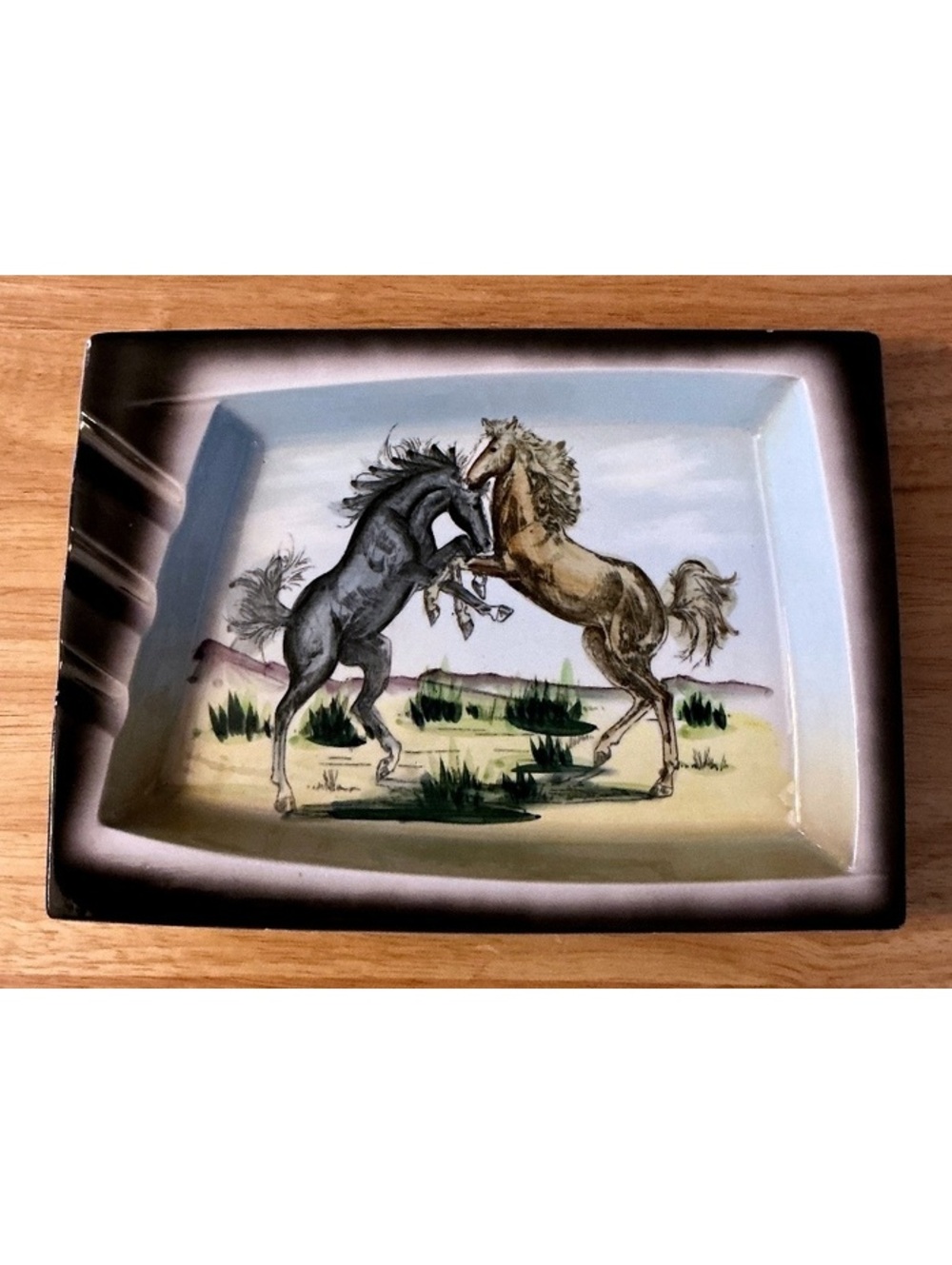 Vintage 1950s Japan Signed Equestrian Barware Ashtray Mid-century Western Decor